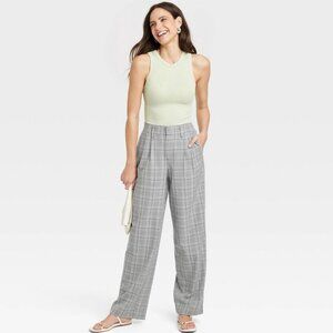 A NEW DAY High-Rise Gray Plaid Straight Fit Trousers SZ 10
